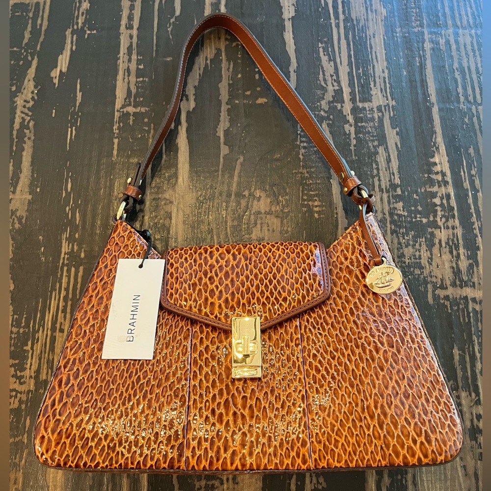 Brahmin Esme Nutmeg Janeway Snakeskin Embossed Shoulder Bag - Picture 2 of 16